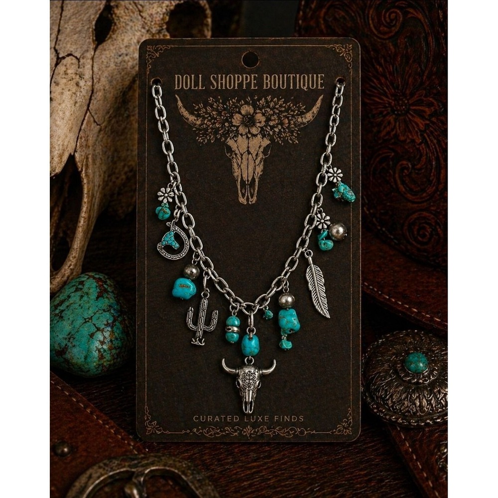 Western Turquoise Charm Necklace – Silver Boho Cowgirl Charms | 20" Chain